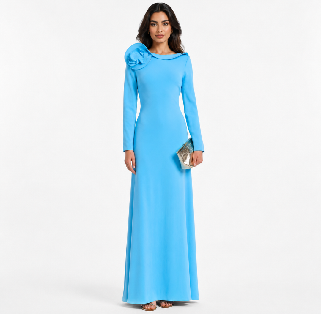 Sky Blue Rosette Shoulder Gown - Azure
