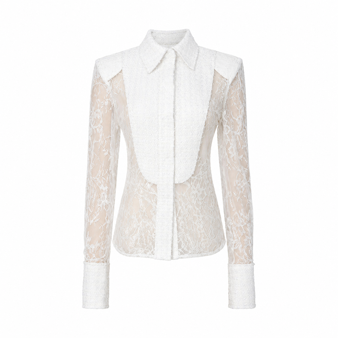 Elegant Sheer Lace Button-Up Blouse - Luxury