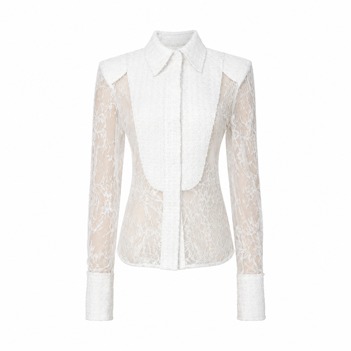 Elegant Sheer Lace Button-Up Blouse - Luxury