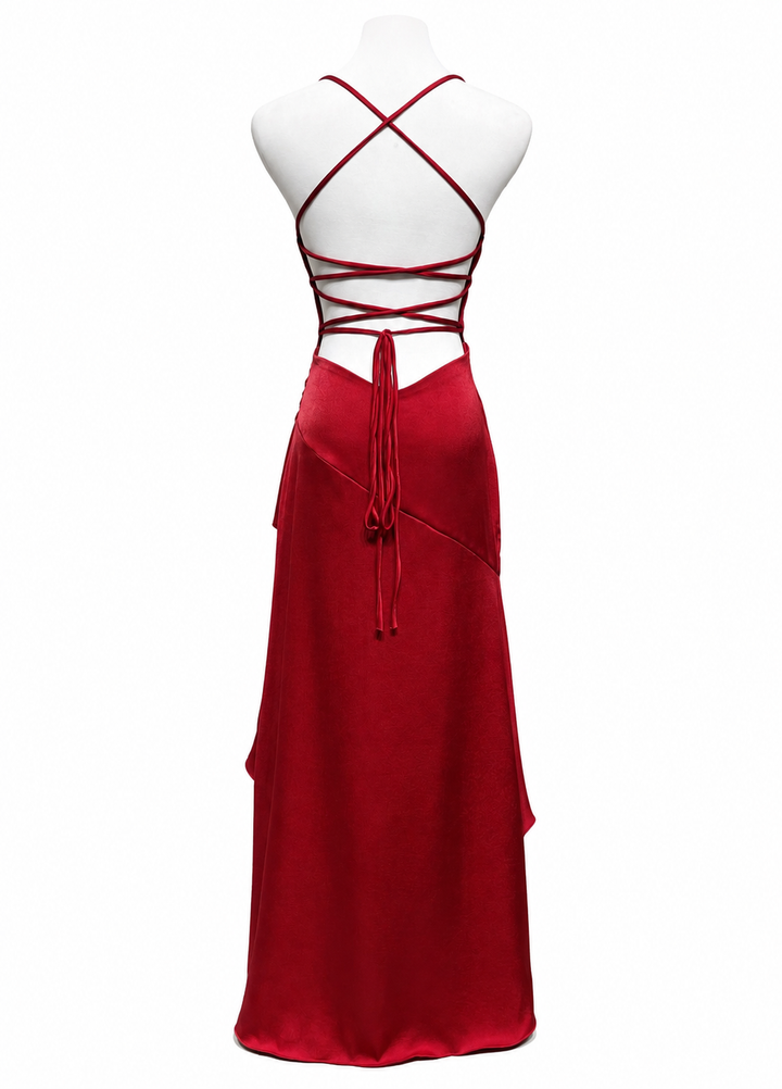 Ruby Satin High-Low Evening Dress — Scarlet