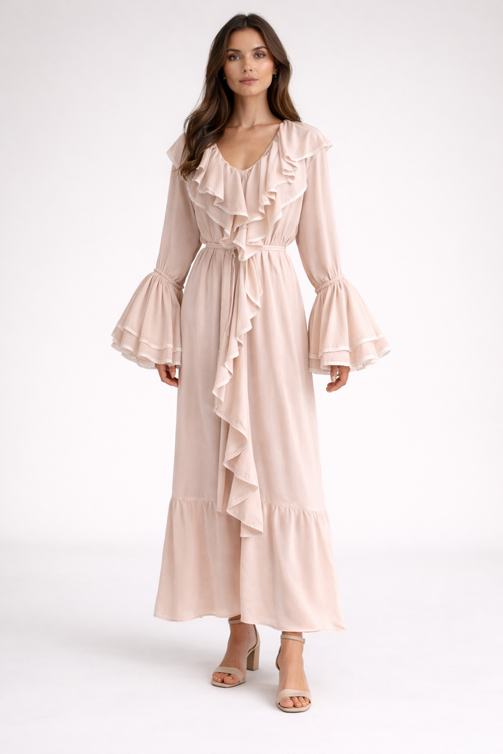 فستان ماكسي بأكمام طويلة مكشكش مع رباط عند الخصر - كاسكيد