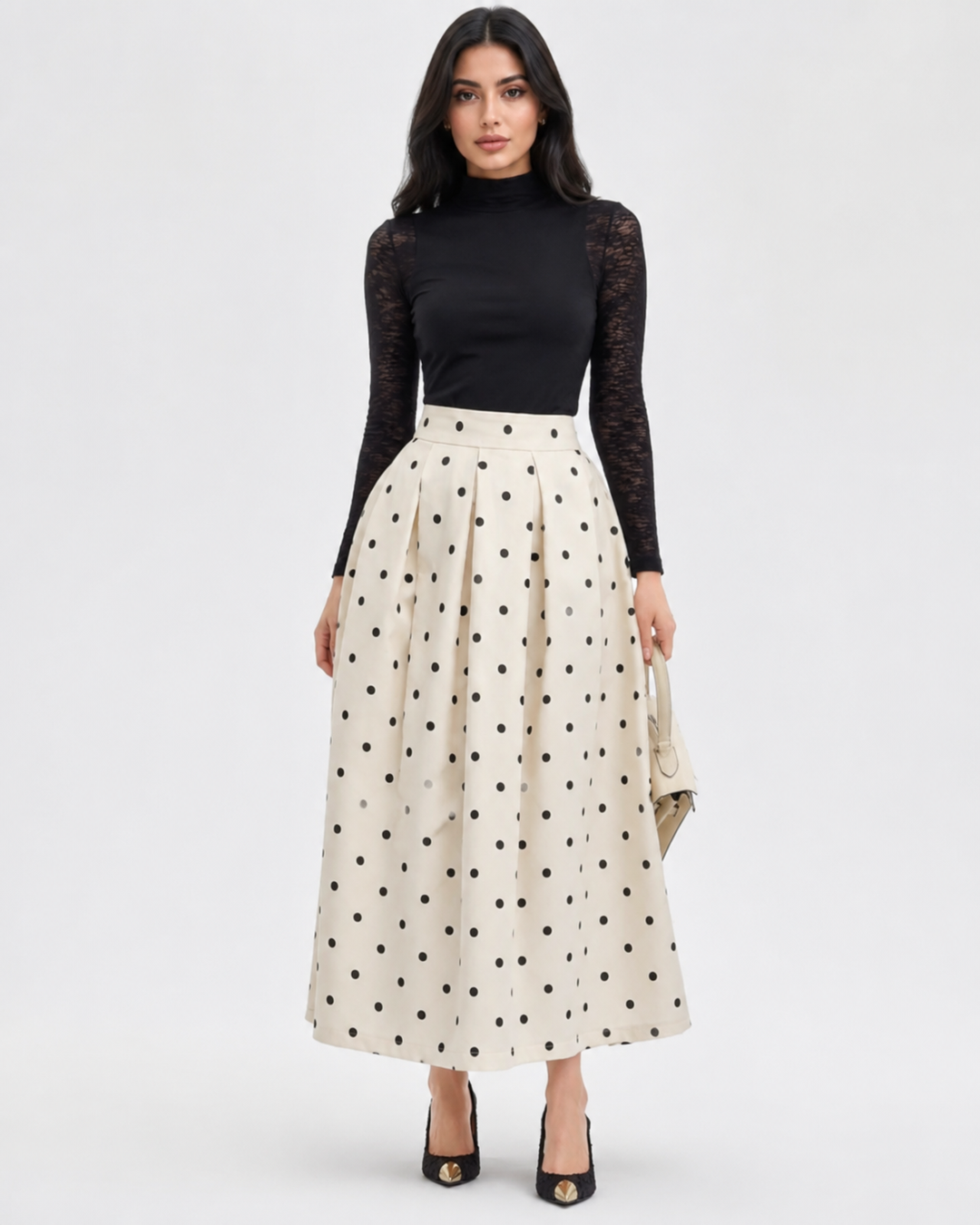 Polka Dot Pleated Maxi Skirt - Vintage