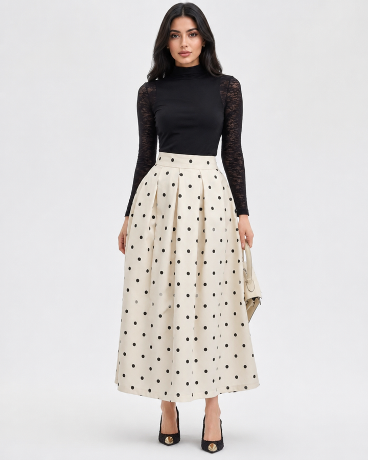 Polka Dot Pleated Maxi Skirt - Vintage