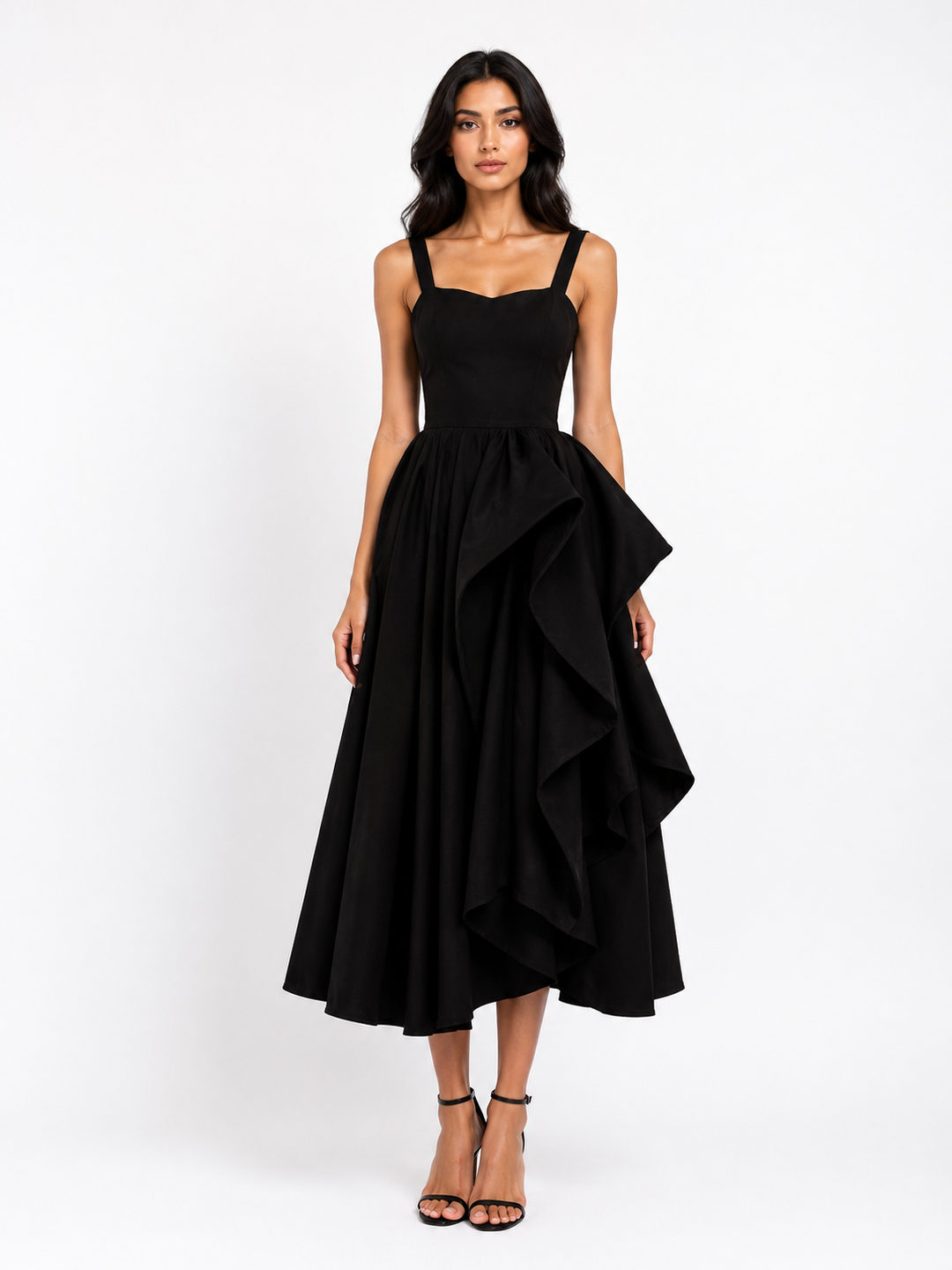 Asymmetrical Ruffle Midi Dress - Champagne