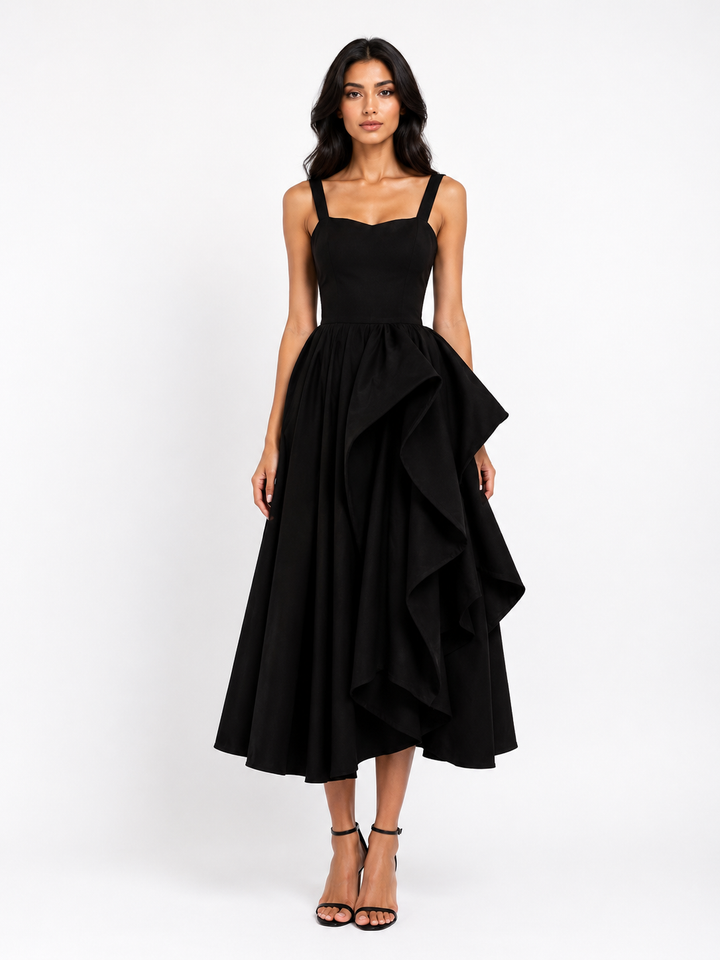 Asymmetrical Ruffle Midi Dress - Champagne