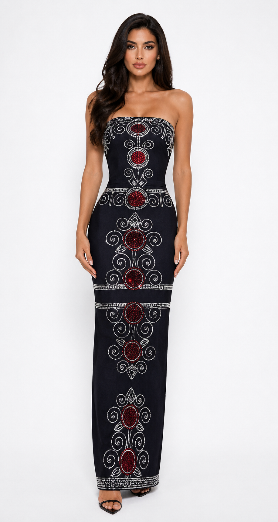 Royal Ruby Embellished Column Dress - Majesty
