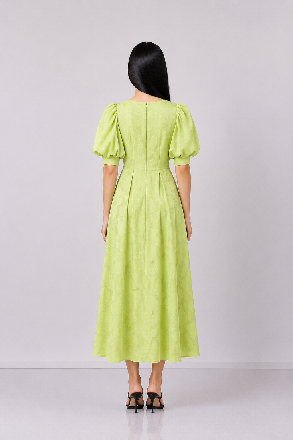 Lime Puff Sleeve Jacquard Dress - Bloom