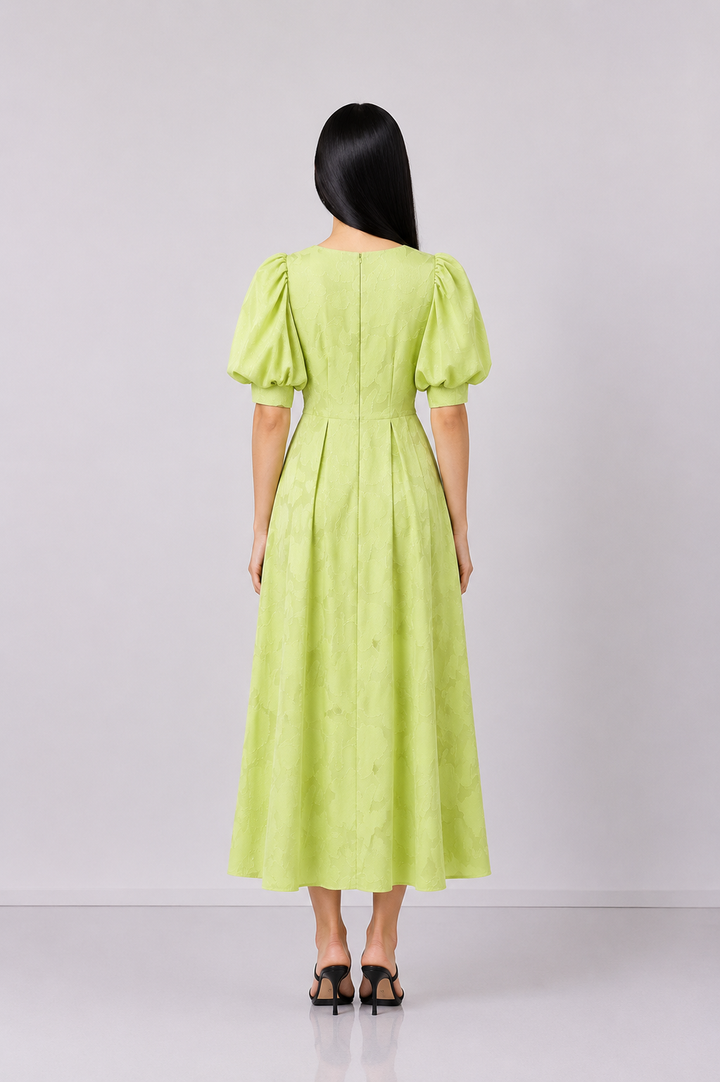 Lime Puff Sleeve Jacquard Dress - Bloom