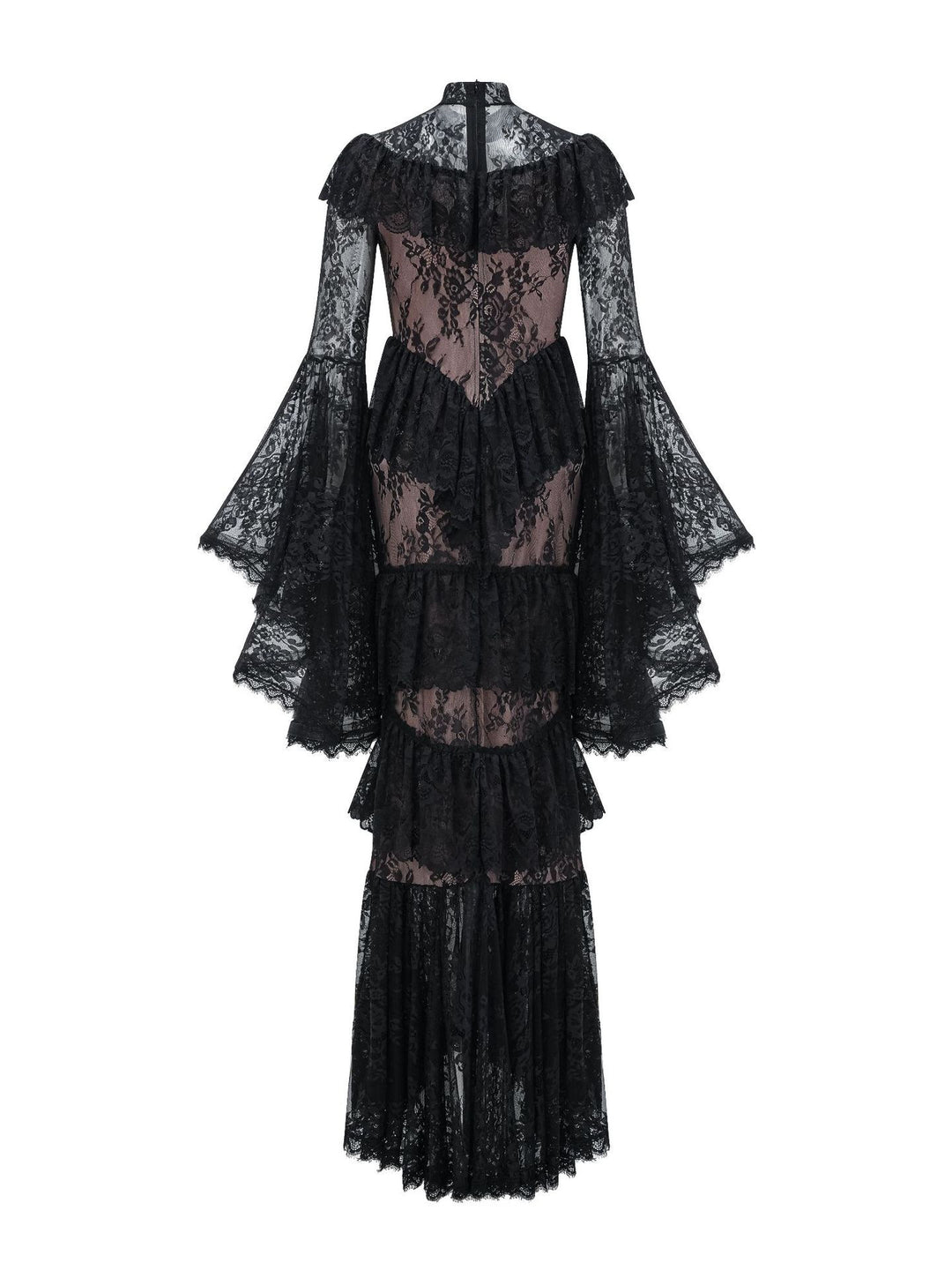 high neck lace ruffle dress with sheer panels – NOIR