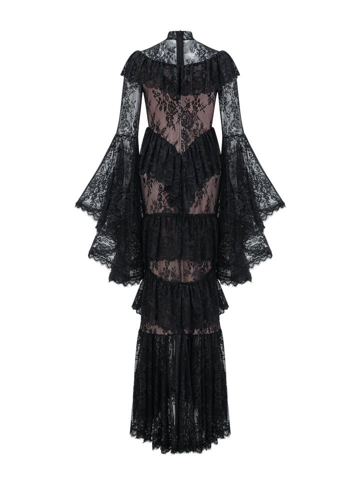 high neck lace ruffle dress with sheer panels – NOIR
