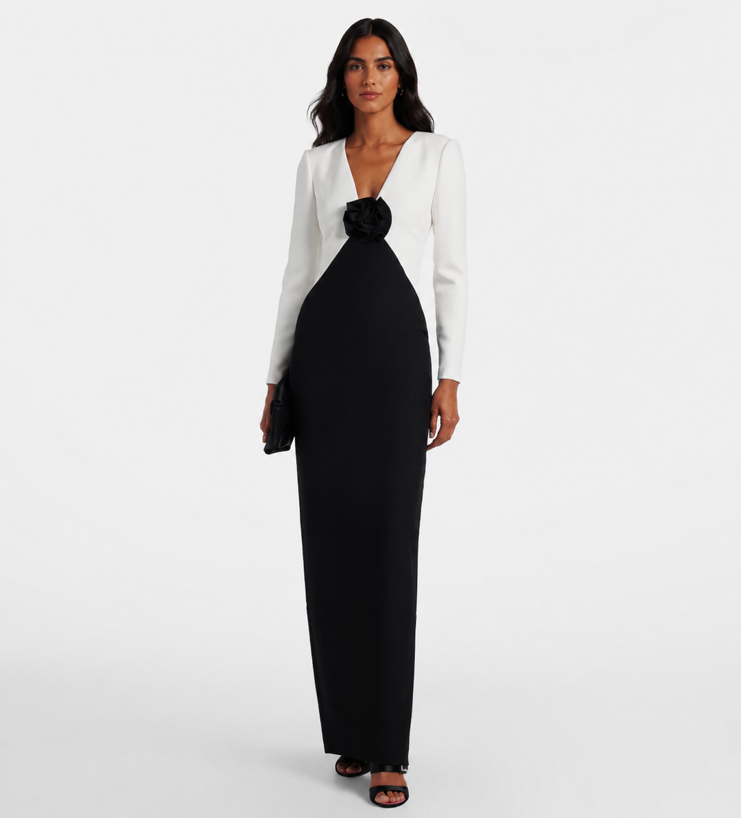Black & White Rose Detail Evening Gown - Monique