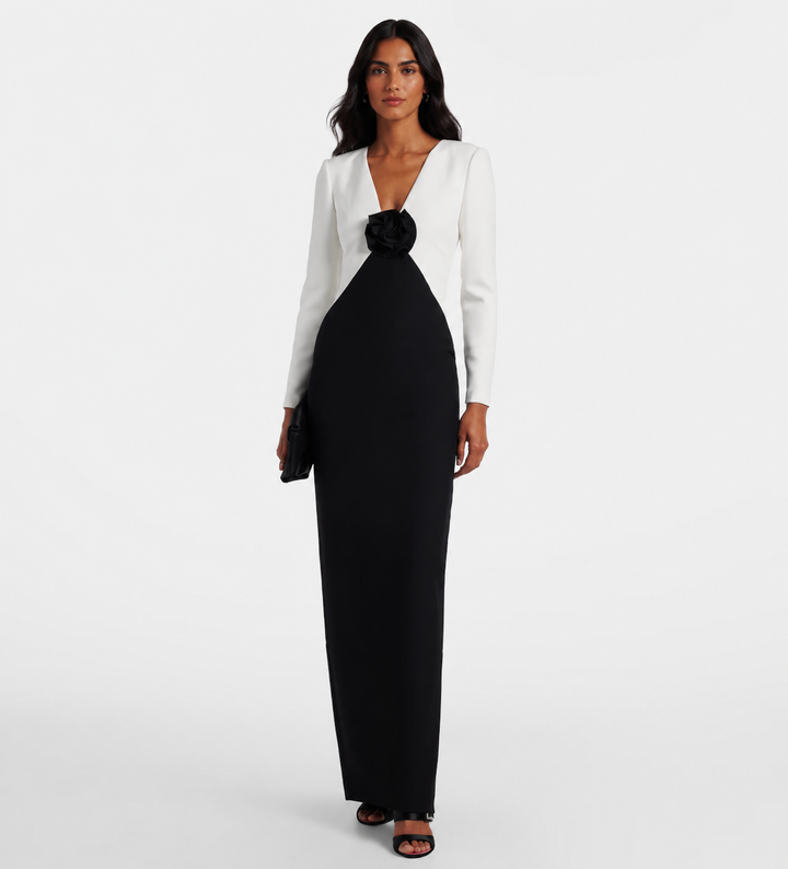 Black & White Rose Detail Evening Gown - Monique