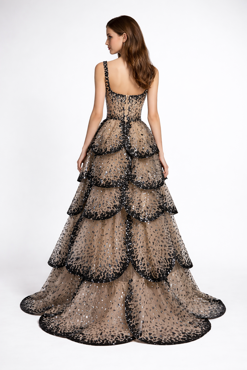 long sleeve ball gown with layered leopard sequin skirt – SAVANNA
