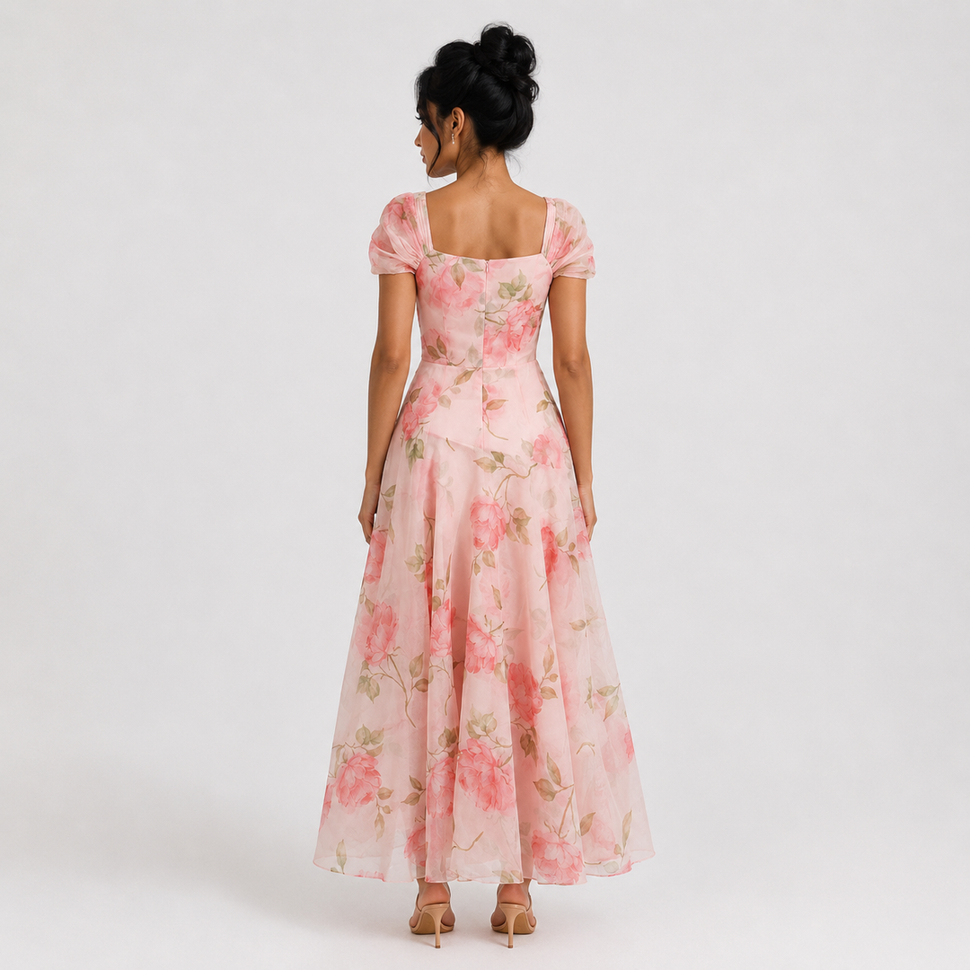Blush Floral Off-Shoulder Organza Midi Dress – ROSÉVINE