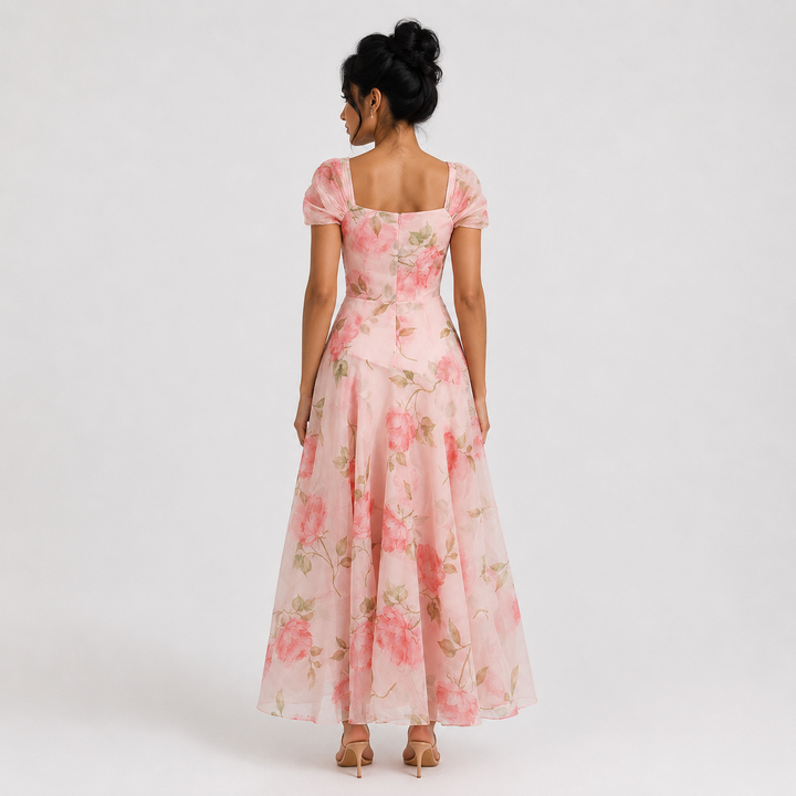 Blush Floral Off-Shoulder Organza Midi Dress – ROSÉVINE
