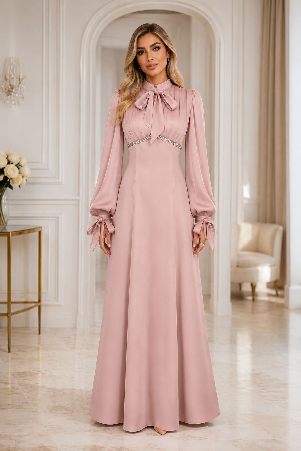 Elegant Pearl Waist Tie-Neck Maxi Dress - Grace