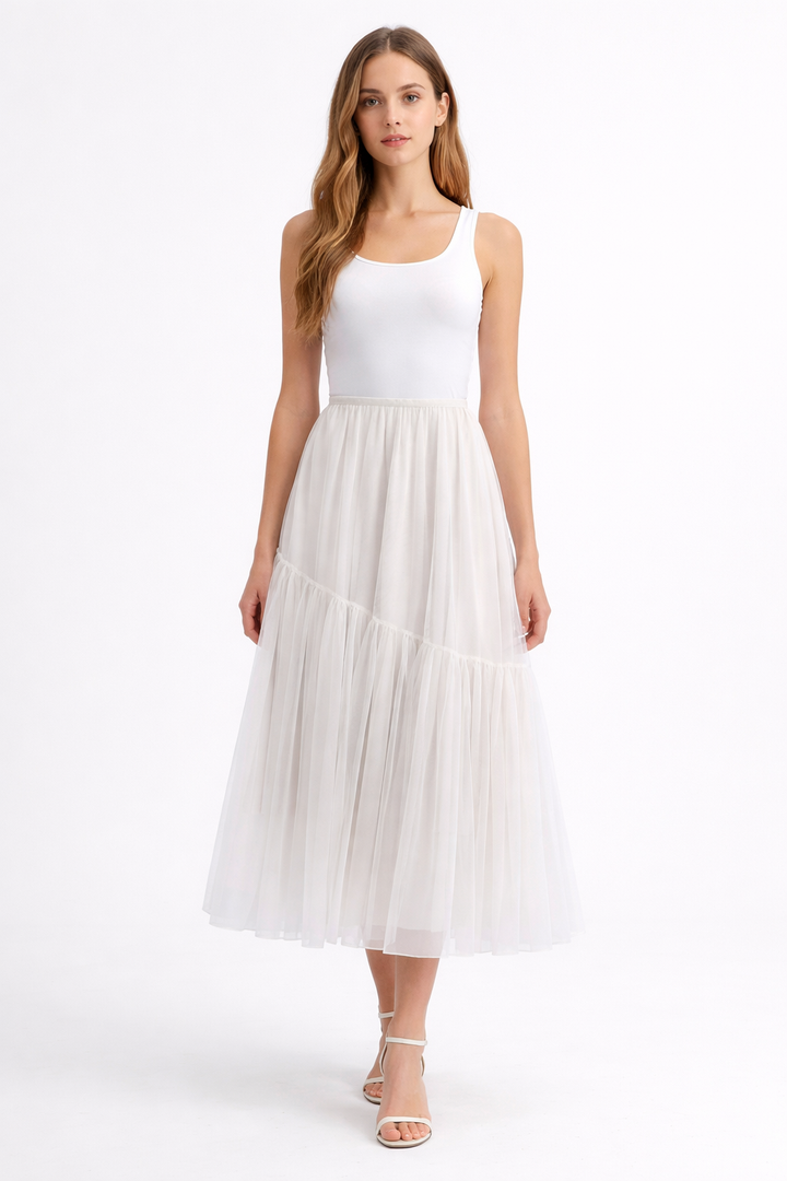 Elegant Layered Maxi Skirt – Soft White Flowing Skirt- PINKO