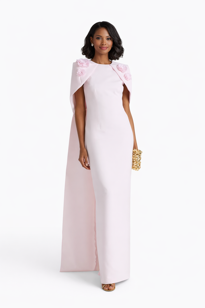 floral-appliqué cape column gown – ROSABELLA