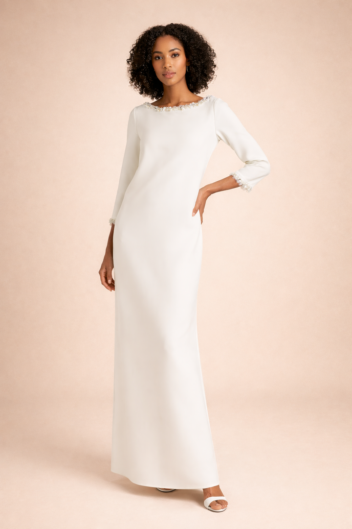 long-sleeve column dress with pearl trim neckline – ELIANA