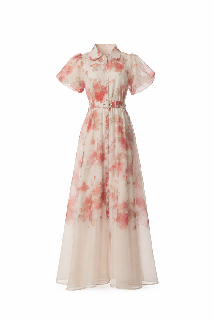 sheer floral maxi dress with puff sleeves and belt – BLOSSOM