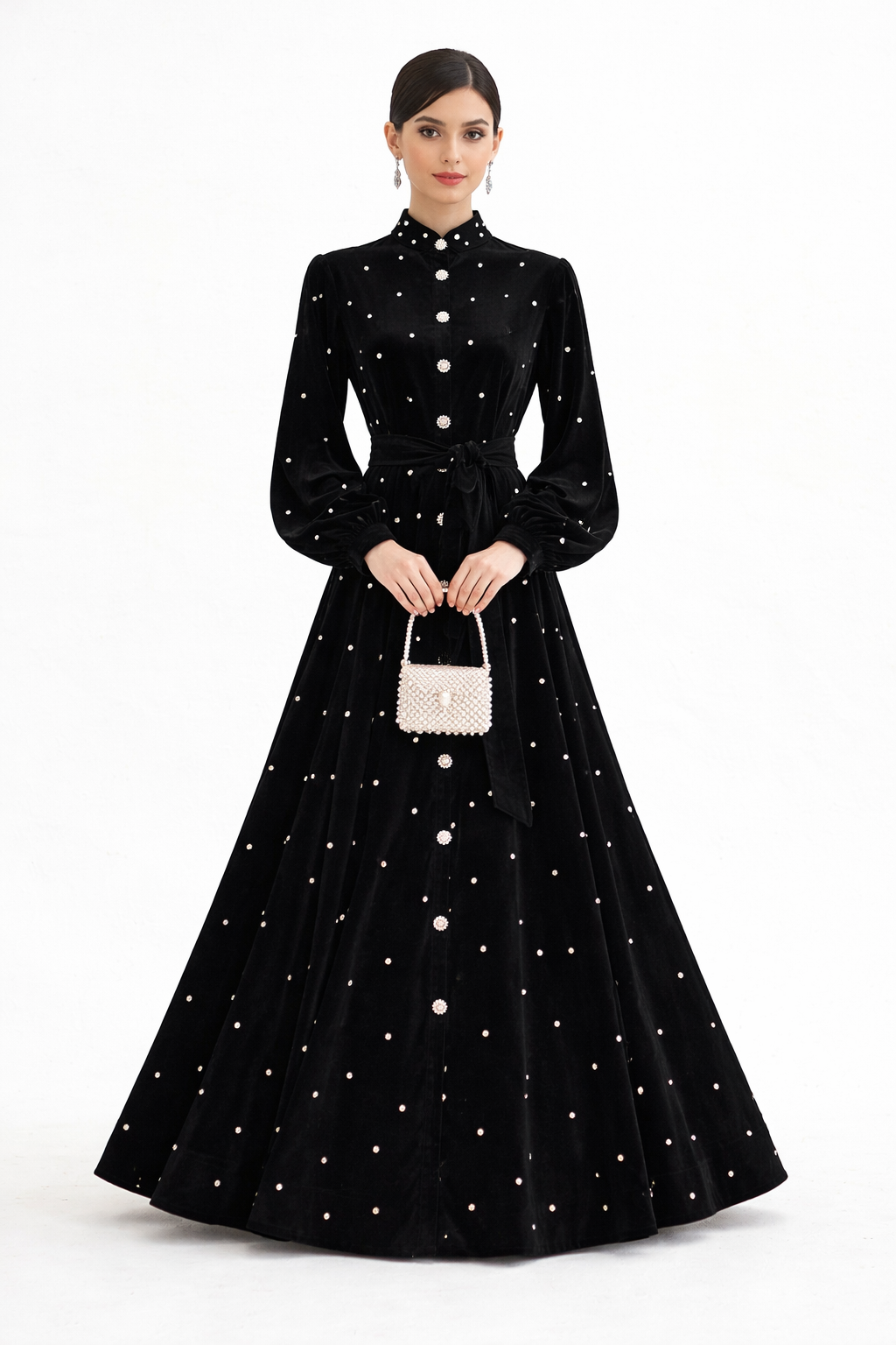 pearl-embellished velvet midi dress with waist tie – CELESTE