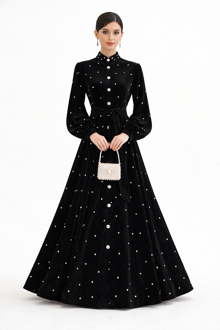 pearl-embellished velvet midi dress with waist tie – CELESTE