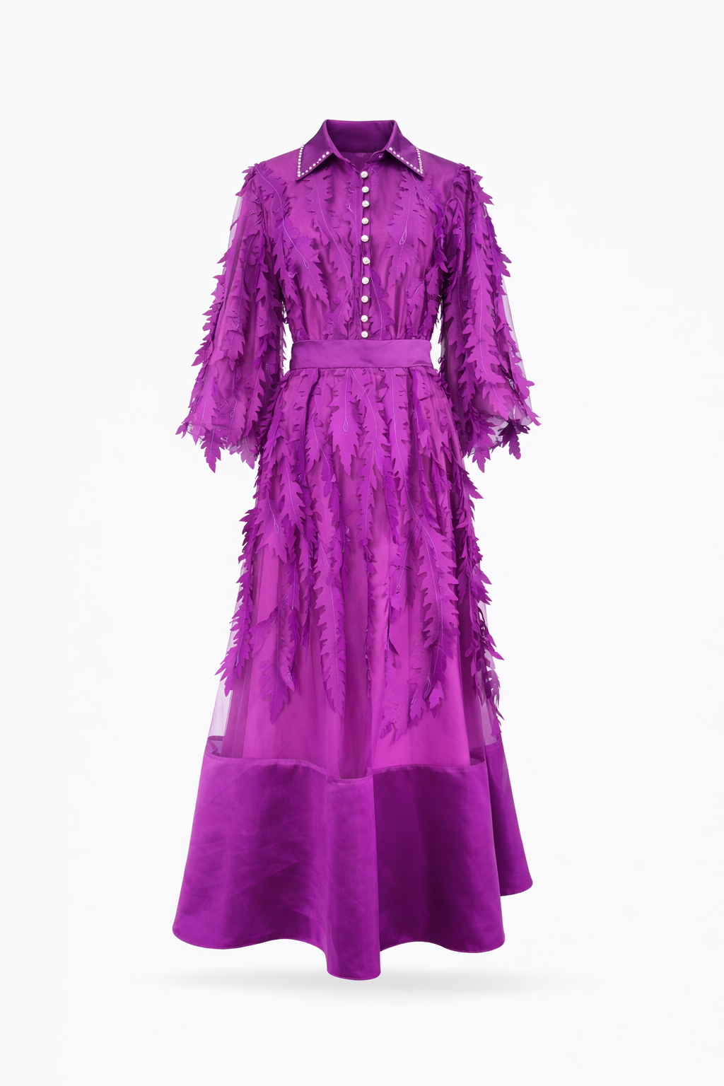 long sleeve chiffon dress with 3D leaf appliqué and belted waist – VIOLET