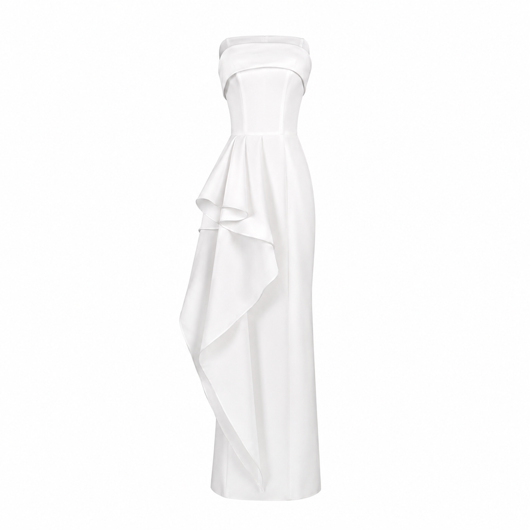 Strapless Cascade Ruffle Column Dress - Ivory