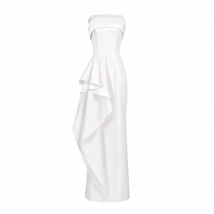 Strapless Cascade Ruffle Column Dress - Ivory