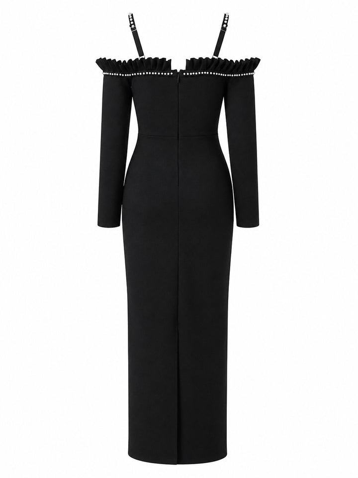 Black Pearl Embellished Off-Shoulder Evening Gown - Prestige