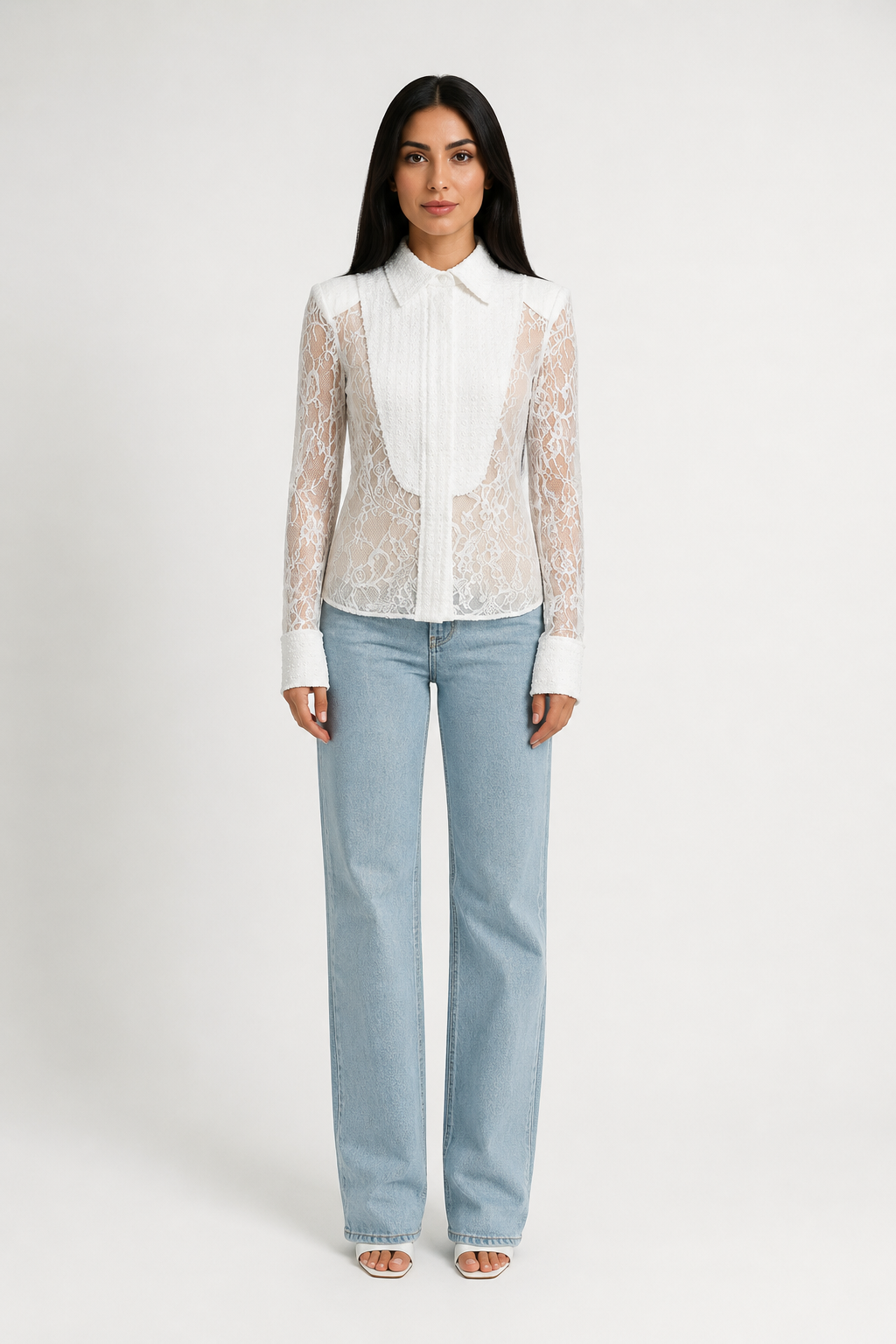 Elegant Sheer Lace Button-Up Blouse - Luxury
