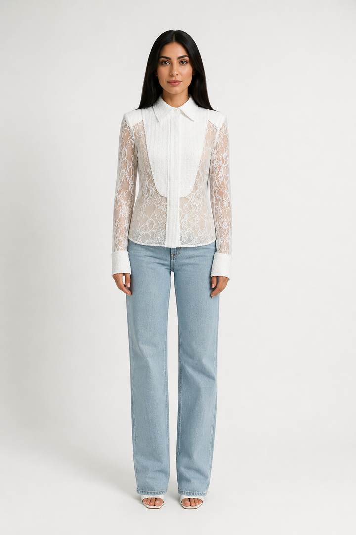 Elegant Sheer Lace Button-Up Blouse - Luxury