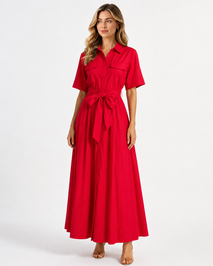 Elegant Belted Maxi Shirt Dress - Scarlet