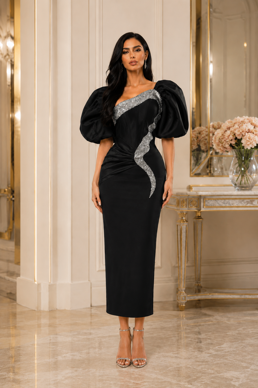 Crystal Trim Puff Sleeve Midi Dress - Blossom