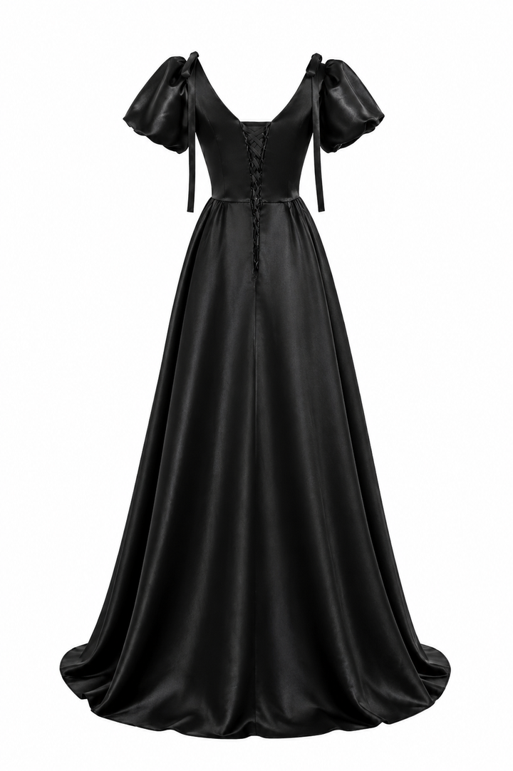 Satin Puff Sleeve Ball Gown - Noir