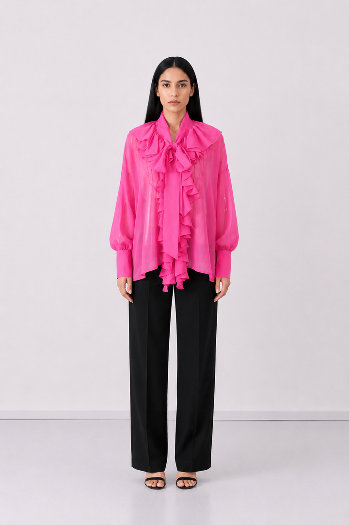 Pink Ruffle Tie-Neck Blouse - Romance