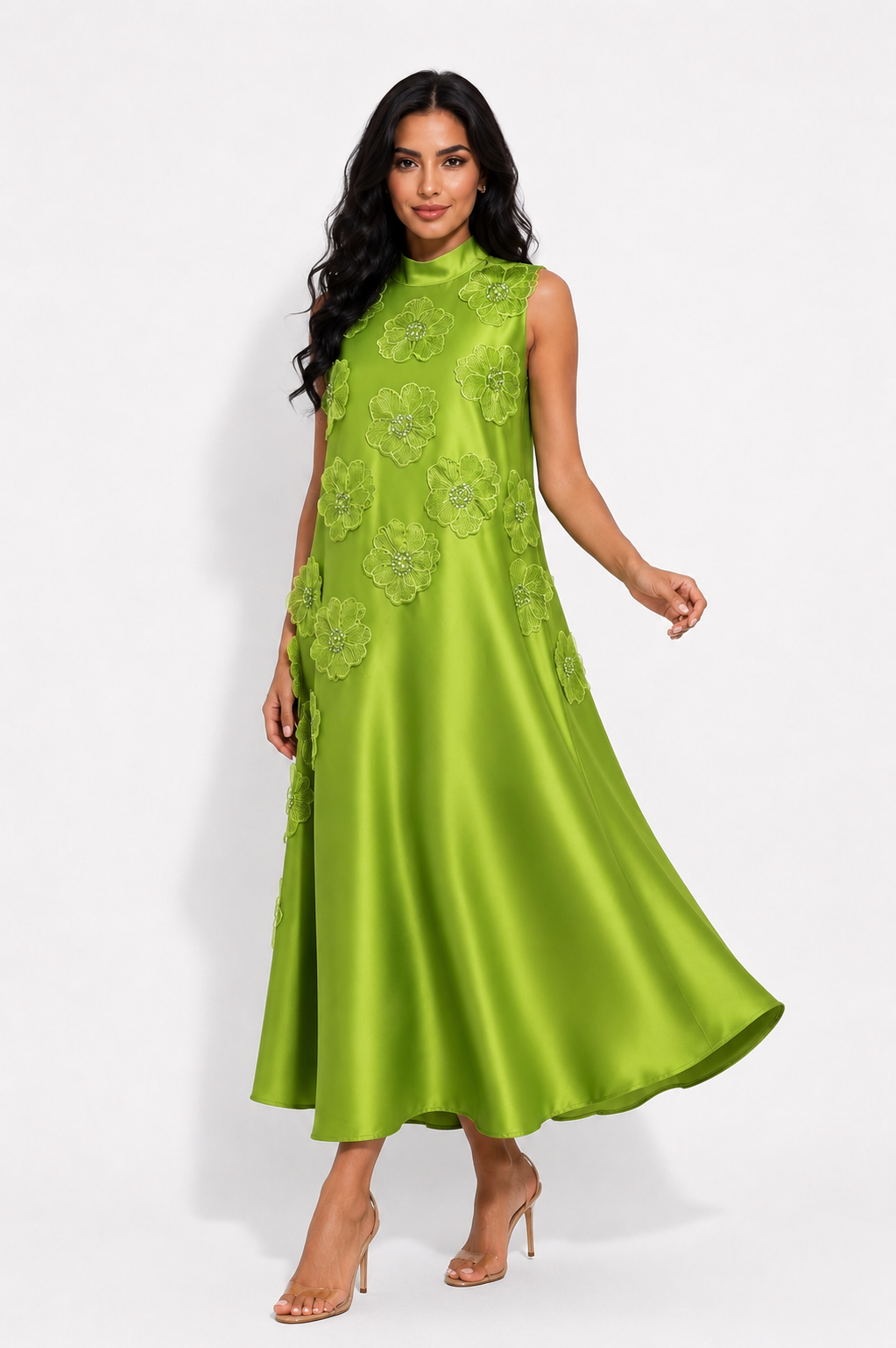 Floral Appliqué Satin A-Line Dress - Champagne