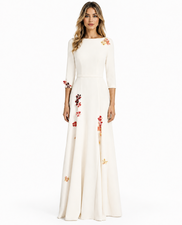 Floral Embellished Ivory A-Line Maxi Dress - Blossom