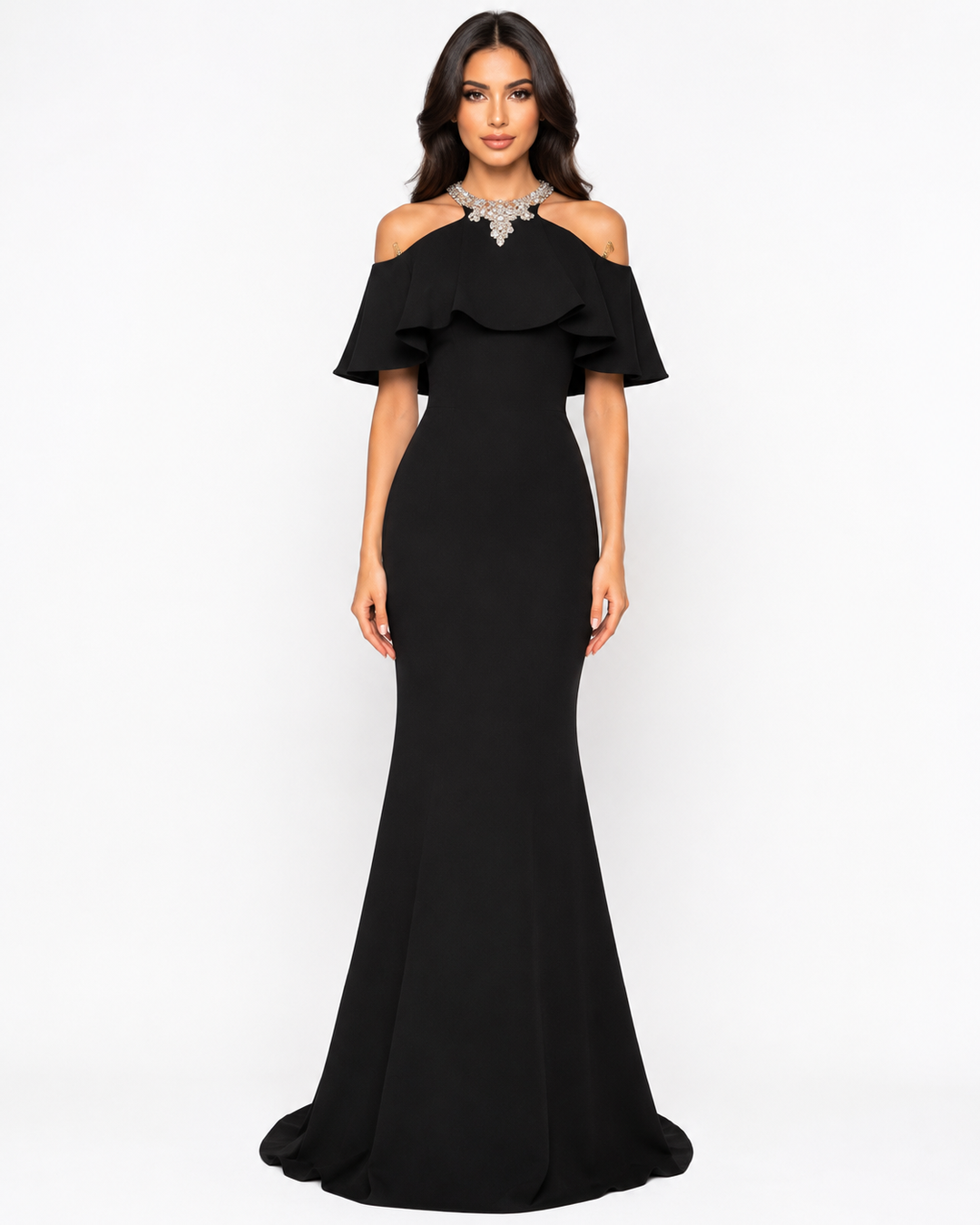 Ruffle Halter Mermaid Gown - Noir