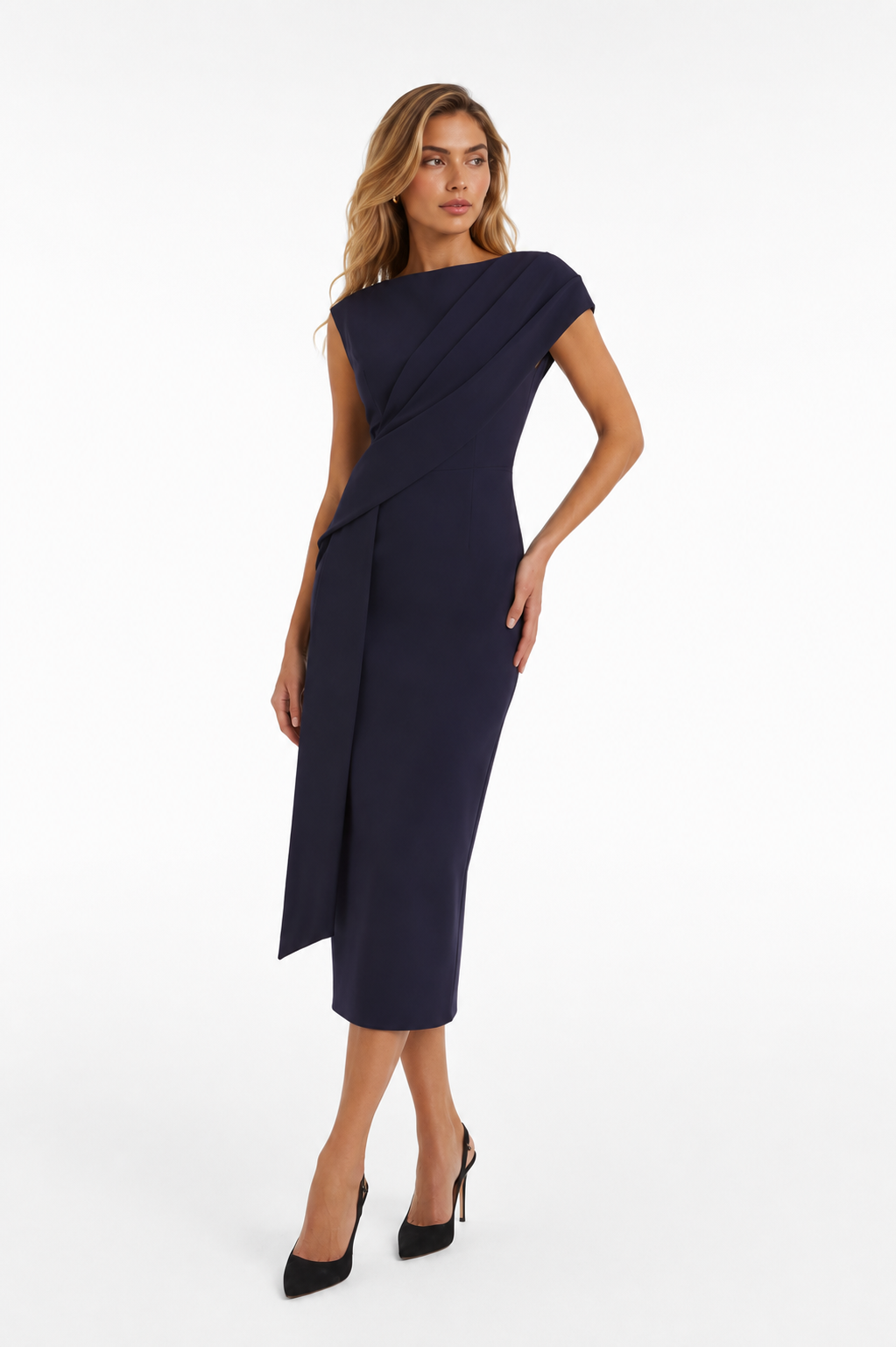 Asymmetric Draped Midi Dress – Blush