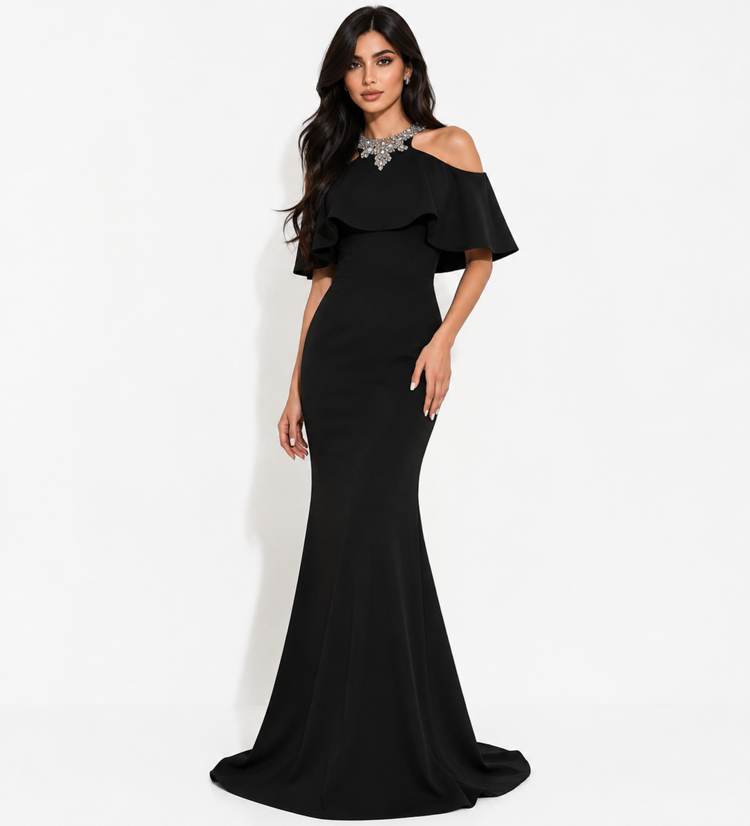 Ruffle Halter Mermaid Gown - Noir