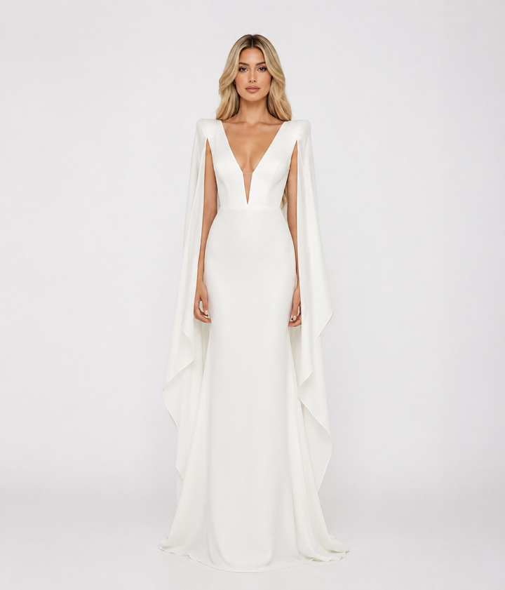 Ivory Cape Evening Gown – Elara