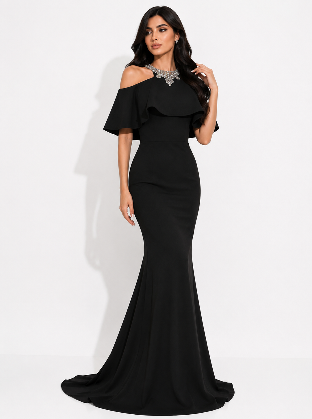 Ruffle Halter Mermaid Gown - Noir