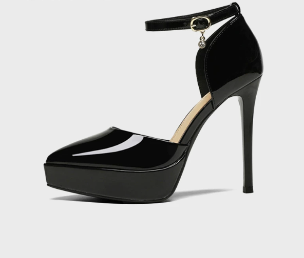 Black Patent Platform Ankle Strap Heels – Noir