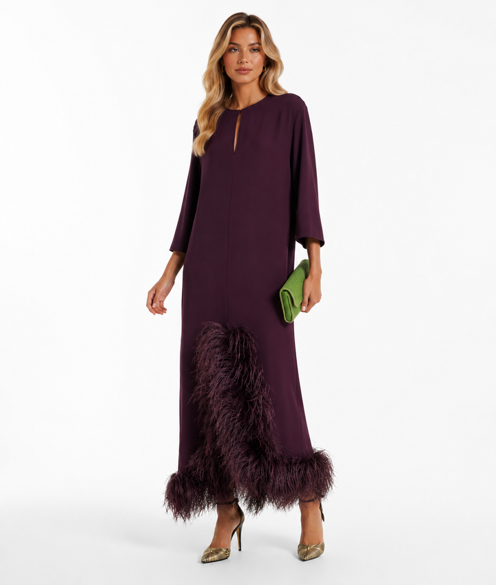 Feather-Trimmed Maxi Dress - Plum