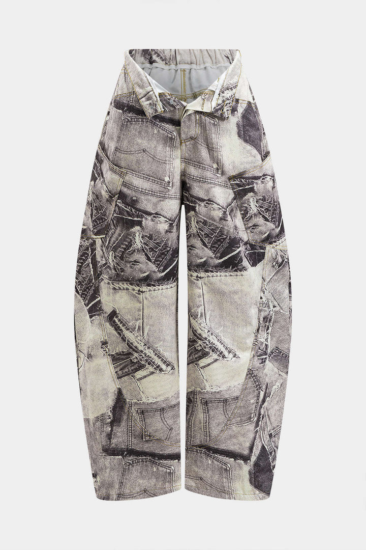 Abstract Print Buttoned Pocket Barrel Trousers