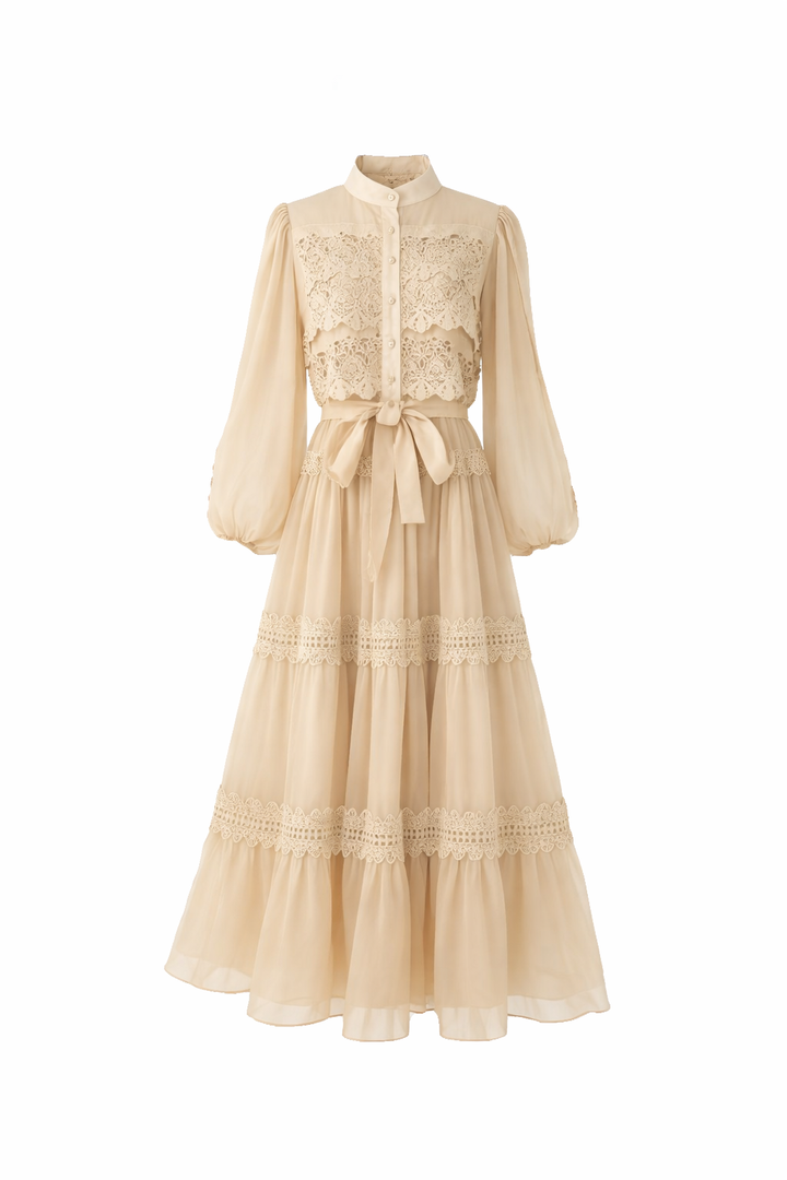 long sleeve layered lace dress with belted waist – SERENA