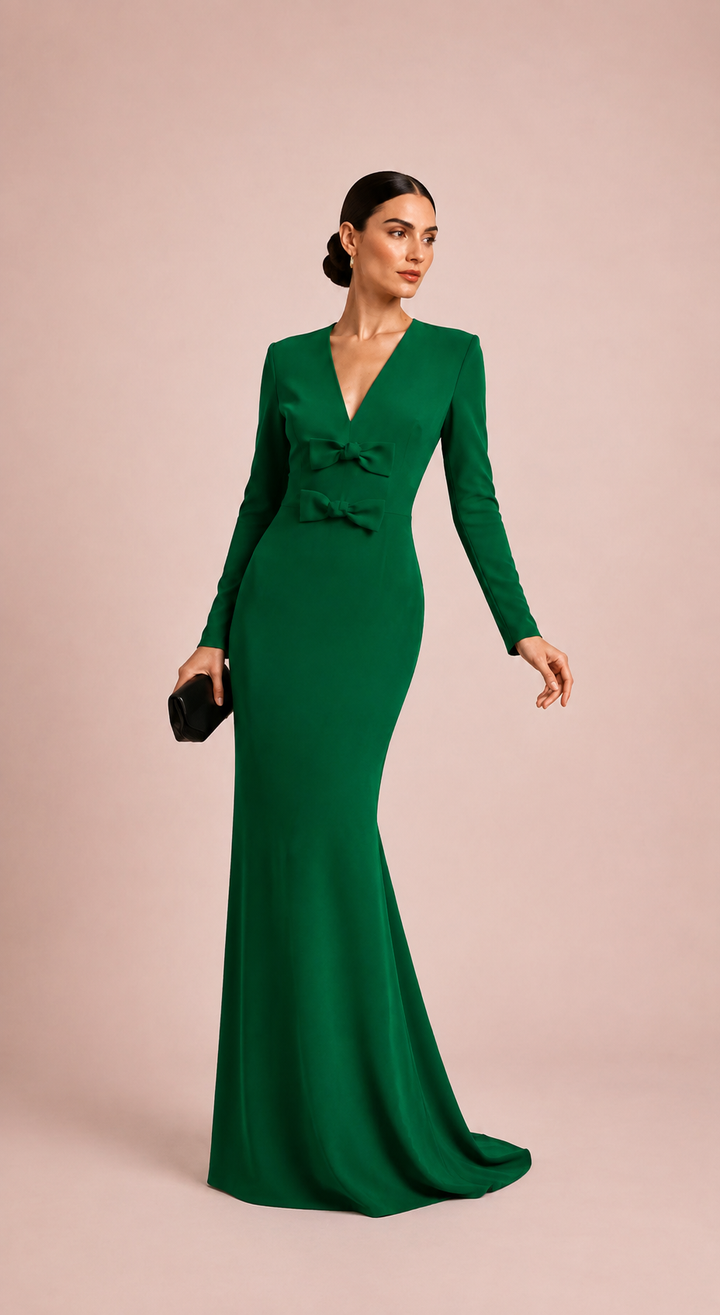 Emerald Green Bow-Detail Long Sleeve Gown – VERDANT