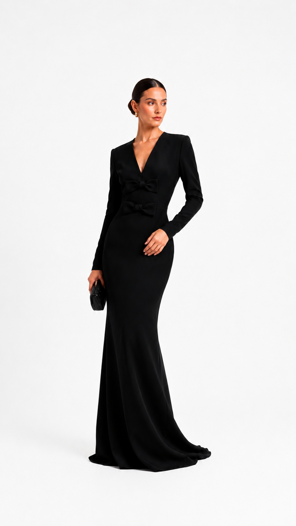 Black Bow-Detail Long Sleeve Gown – NOCTURNE