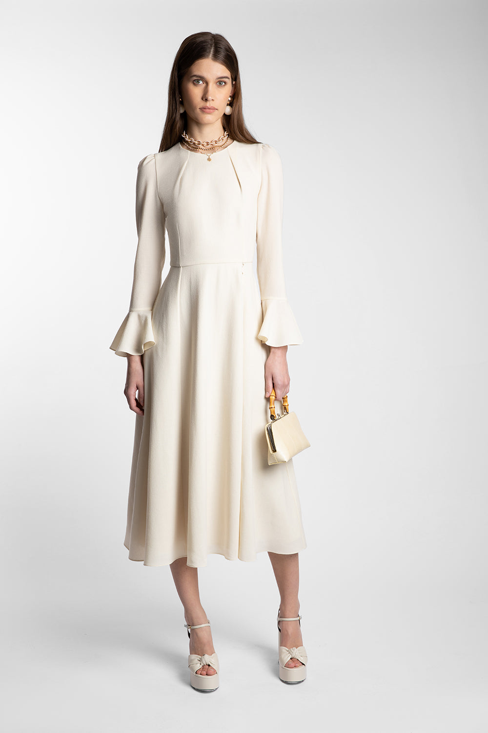 flared cuff midi dress with pleated bodice – SAIILA